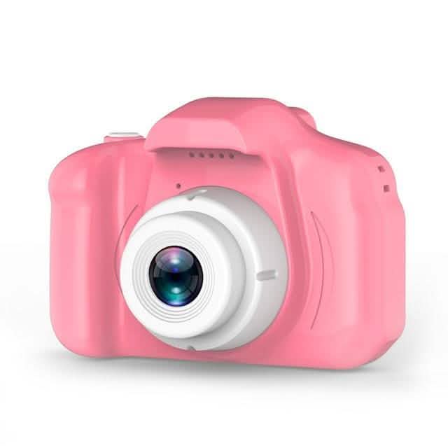Pink mini digital camera with large front lens and top grille