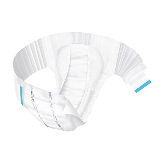 White elastic disposable briefs with leg openings and inner panel, laid flat