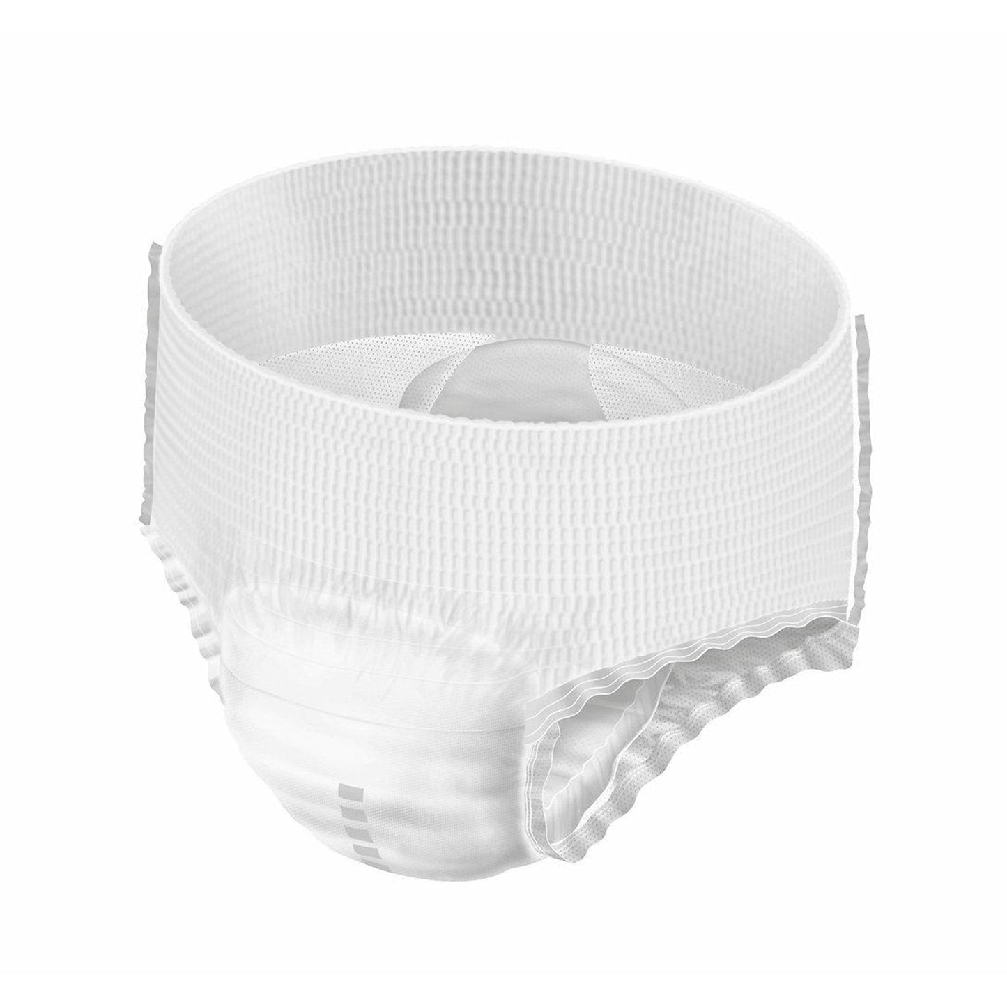 White pull-up disposable brief with elastic waistband and leg openings, front view