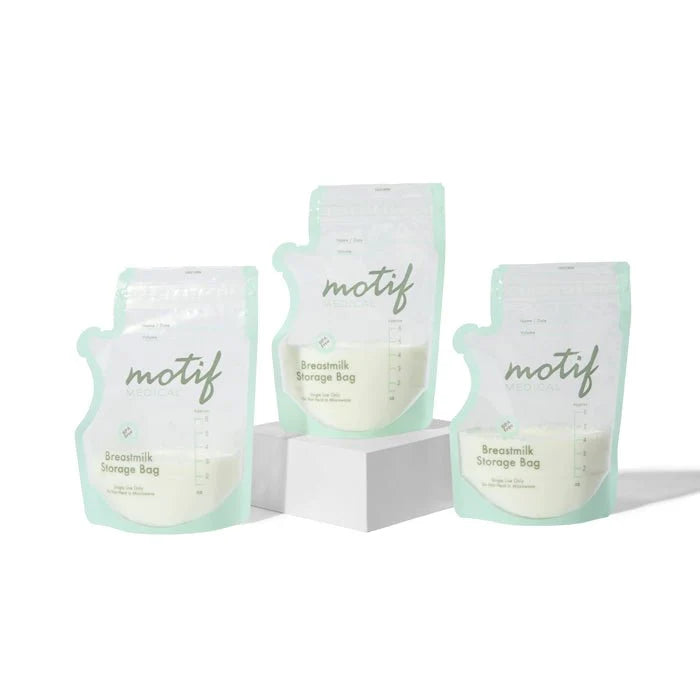 Three breastmilk storage bags with volume scale and BPA-free label