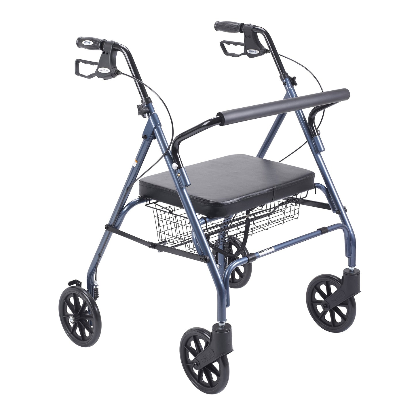 Blue rollator walker with padded seat, dual handles, and wire storage basket