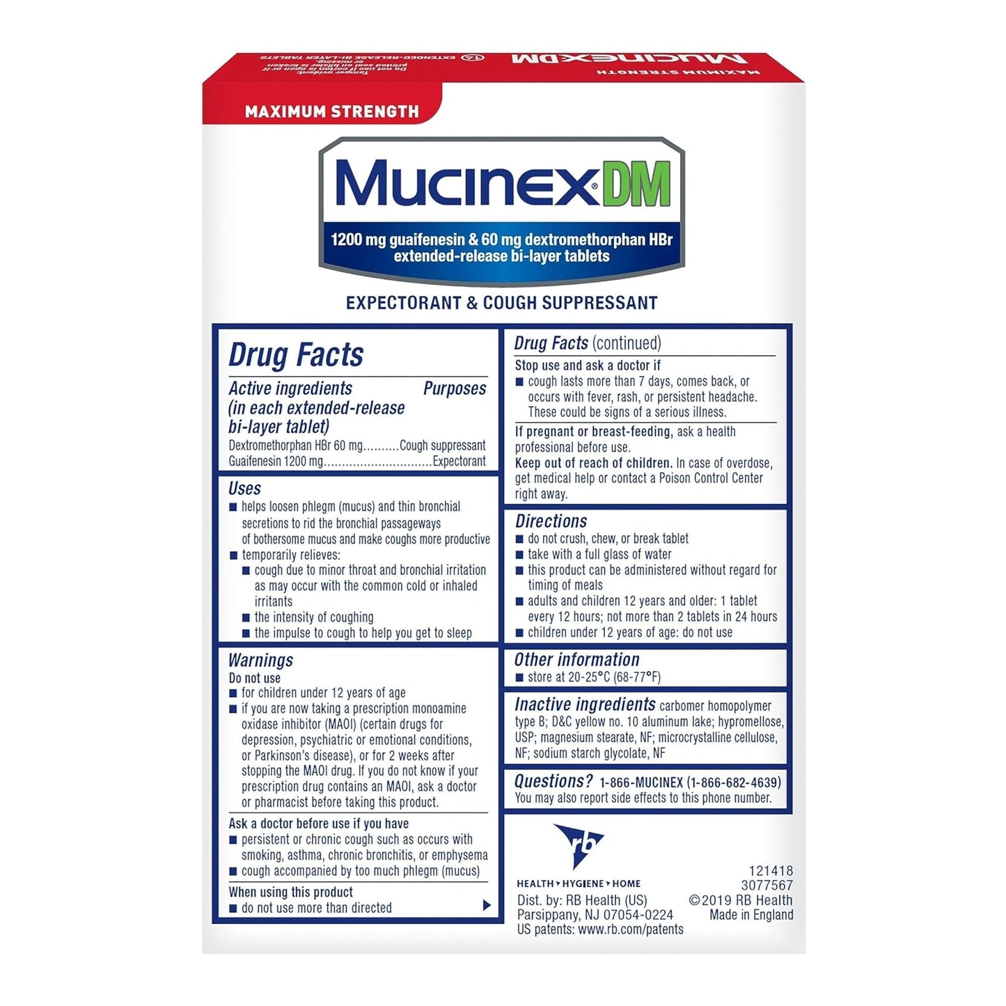 Mucinex DM maximum strength extended-release bi-layer tablets with Drug Facts panel