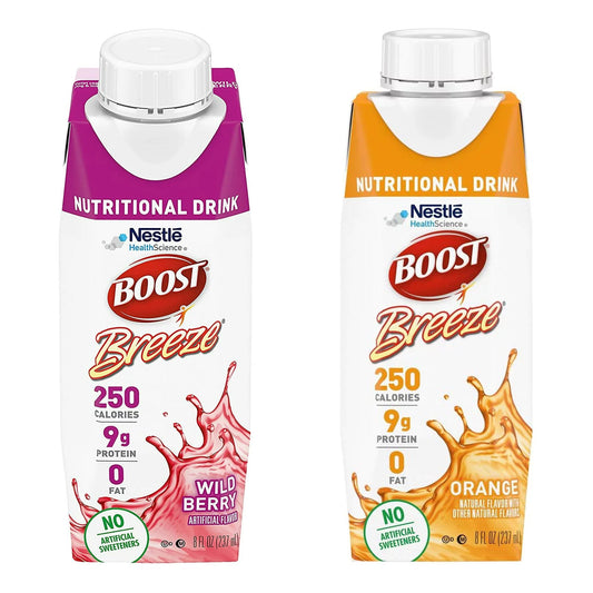 Wild Berry and Orange Boost Breeze nutritional drink cartons side by side, front view