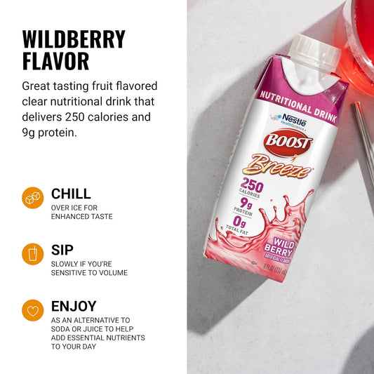 Wild berry flavor Boost Breeze nutritional drink carton with 250 calories and 9g protein