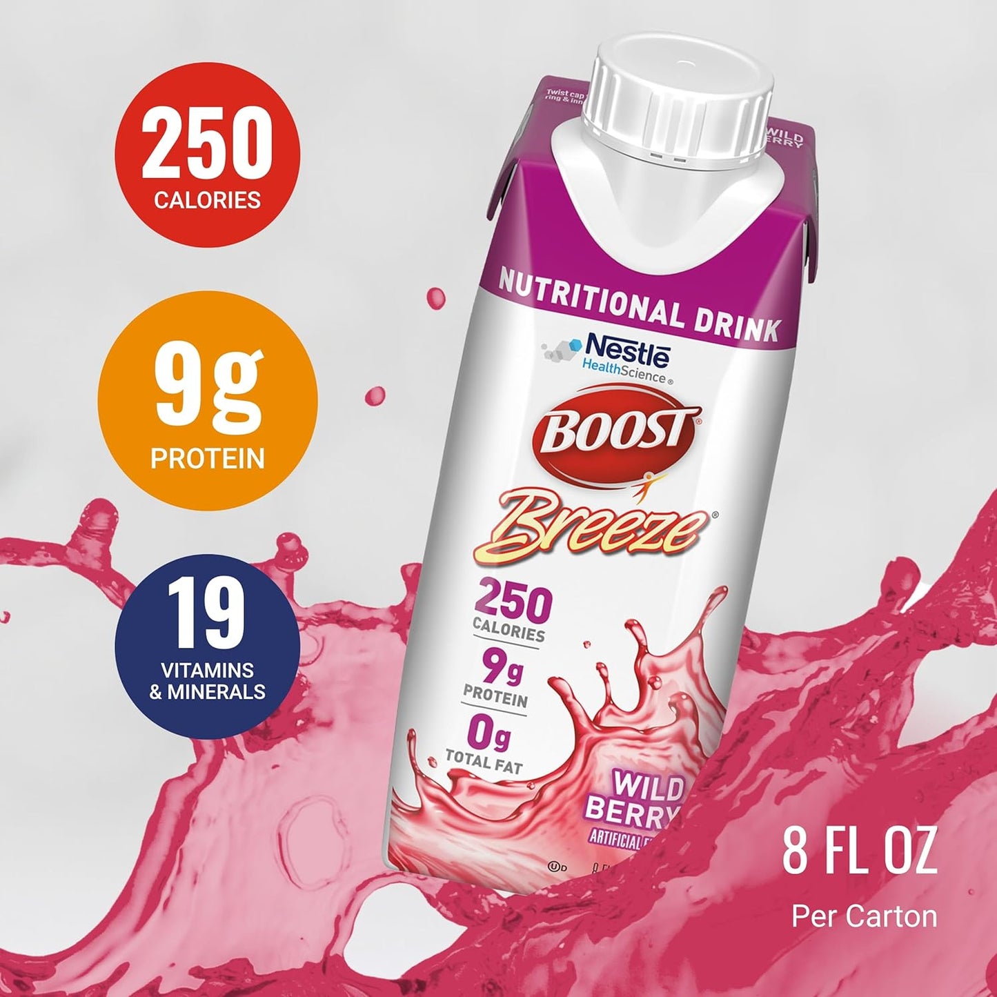 Boost Breeze wild berry nutritional drink carton with 250 calories, 9g protein, 19 vitamins