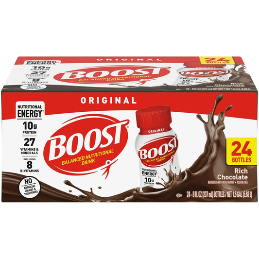 Boost Original rich chocolate carton, 24 bottles; 10g protein, 27 vitamins & minerals