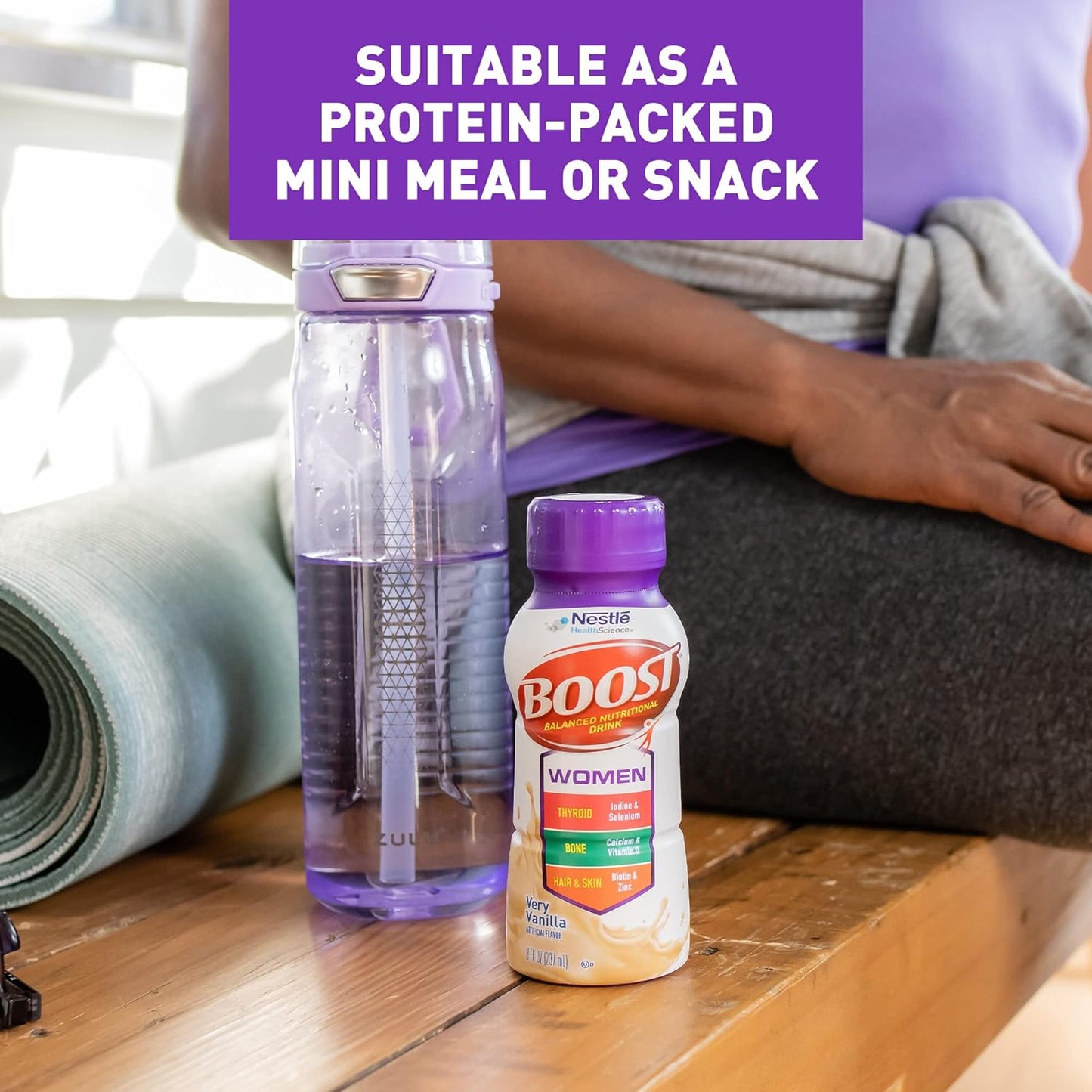 BOOST Women Very Vanilla drink bottle with purple cap, ready-to-drink