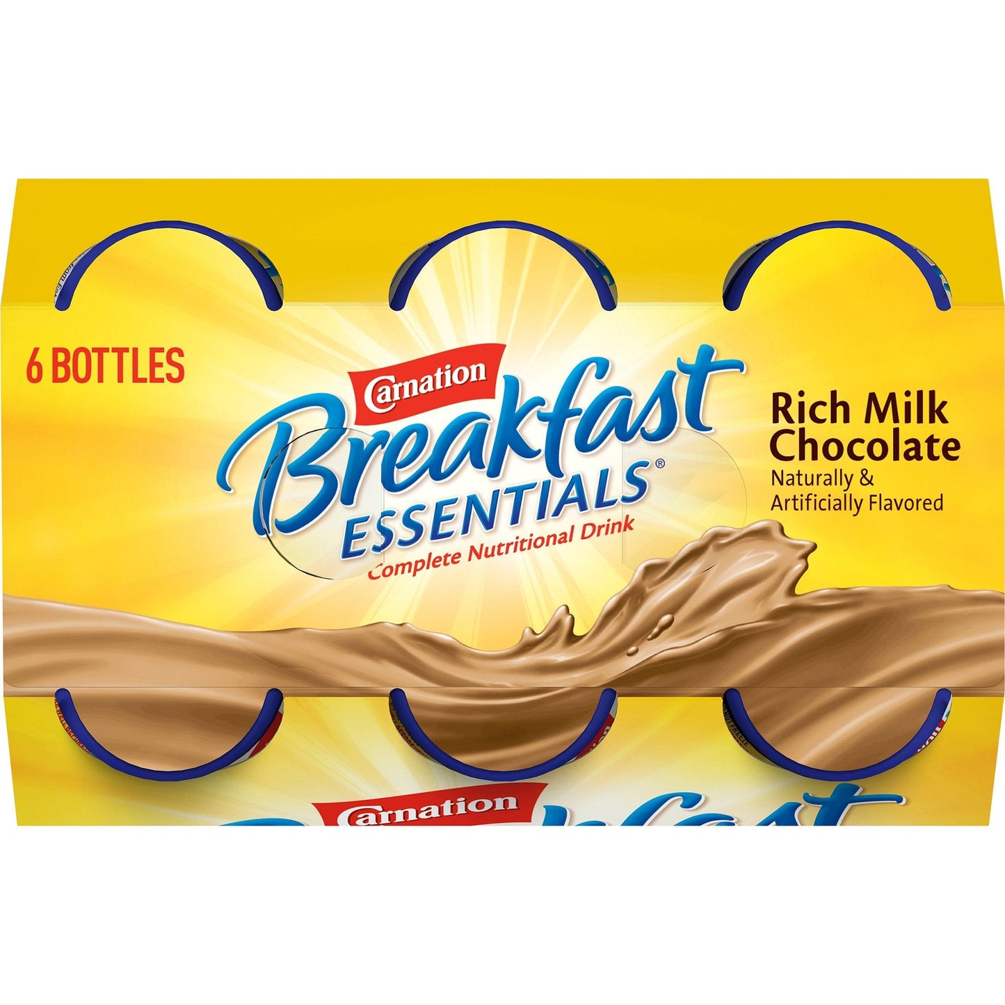 Carnation Breakfast Essentials rich milk chocolate package top view, 6 bottles