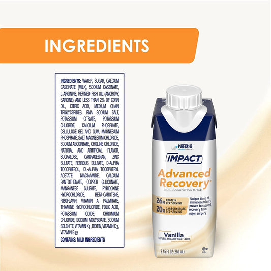 Advanced Recovery immunonutrition drink bottle with ingredients panel, vanilla flavor