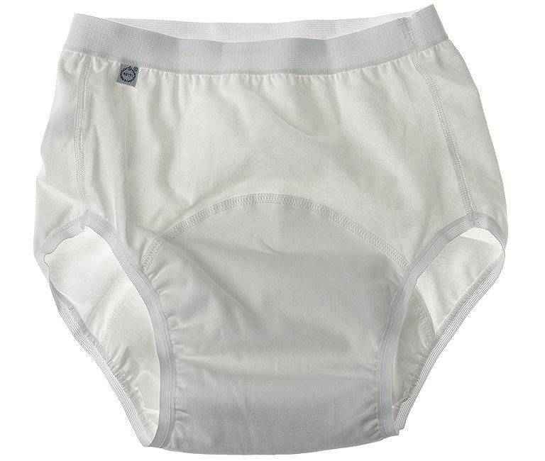 White incontinence brief with elastic waistband and reinforced leg cuffs
