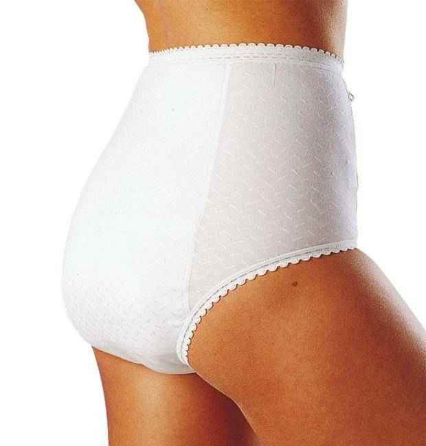 White incontinence panty with lace-trim waistband and leg openings