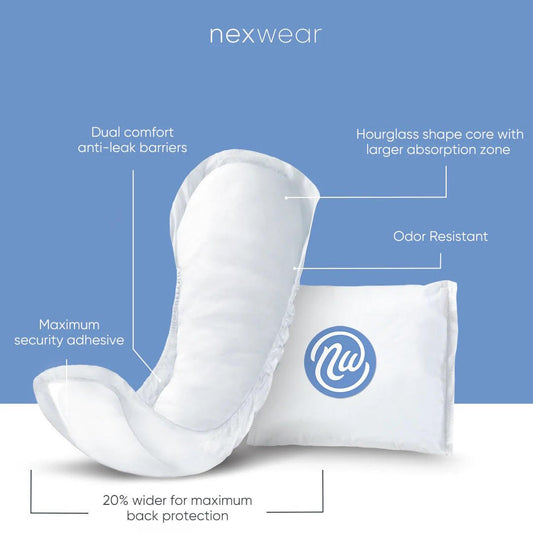 Maximum incontinence pad with anti-leak barriers and adhesive tabs