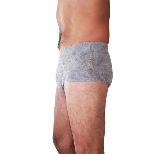 Men’s incontinence underwear, gray knit briefs on model, side view waistband.