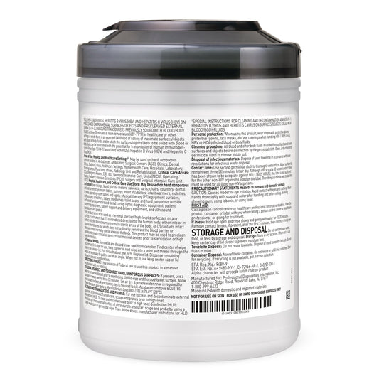 Back label of Sani-Cloth AF3 germicidal disposable wipes tub, barcode and instructions