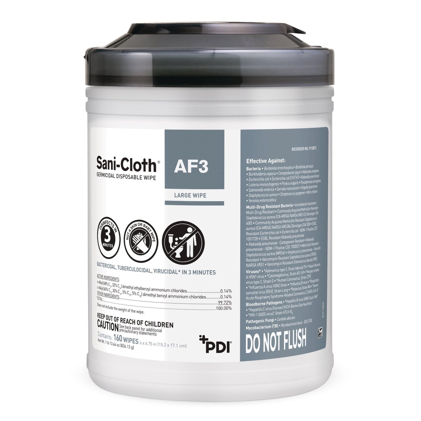 Sani-Cloth AF3 germicidal disposable wipes tub front label, large wipe size info