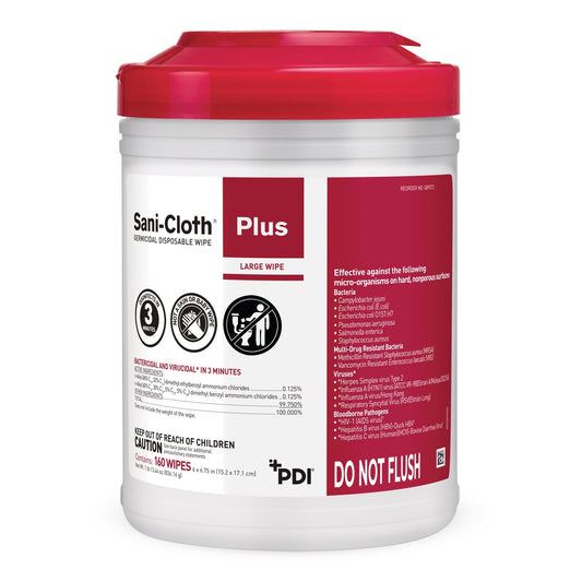 Sani-Cloth Plus germicidal disposable wipe canister, red lid, front label visible