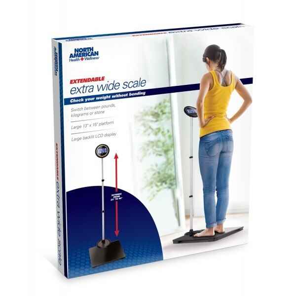 Retail box for extendable extra-wide digital bathroom scale with pictured stand