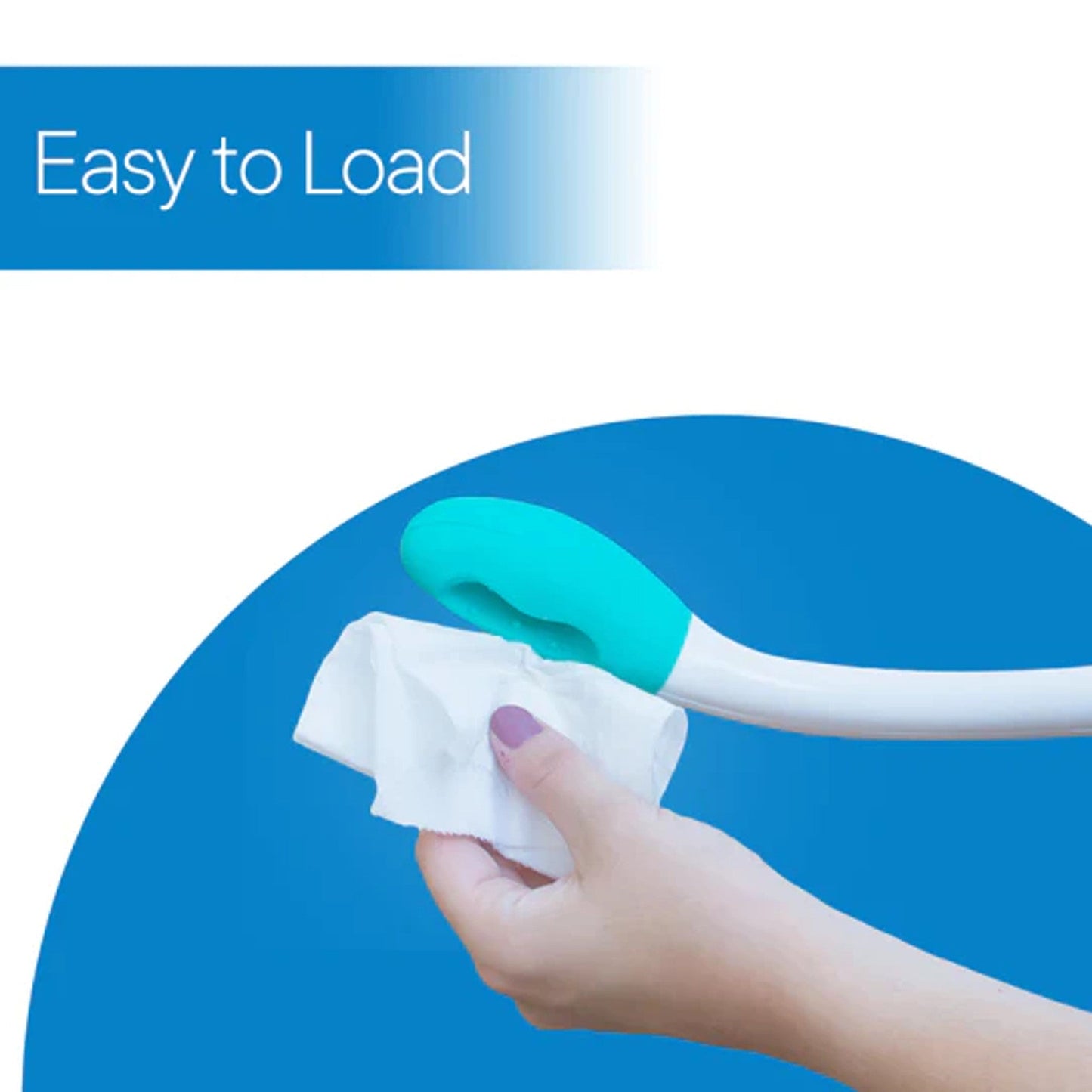 Toileting wipe aid loading wipes on the teal end of the white handle