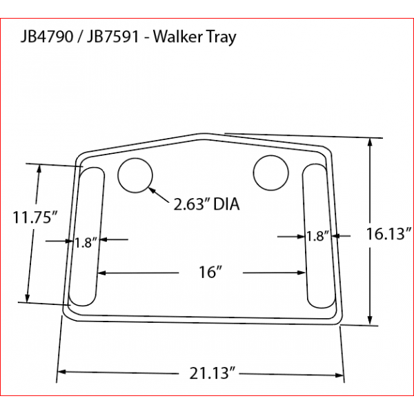 Walker tray dimensions diagram: 16in wide, 21.13in long, 11.75in high