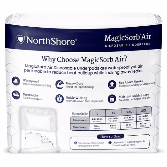 MagicSorb Air disposable underpads box back with waterproof breathable info and sizing guide