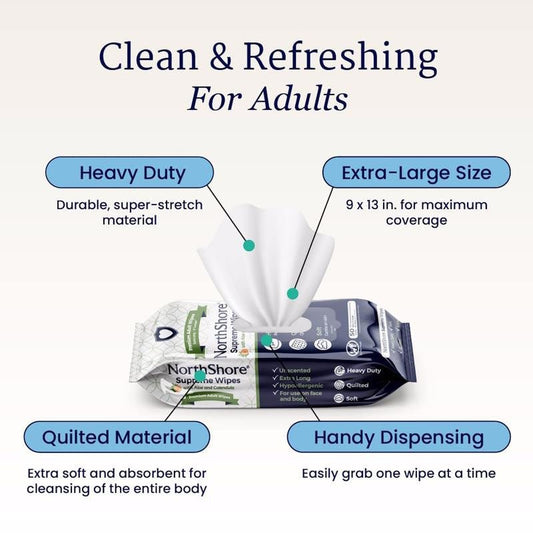 Extra-large adult cleansing wipes with quilted, heavy-duty material; 9 x 13 in