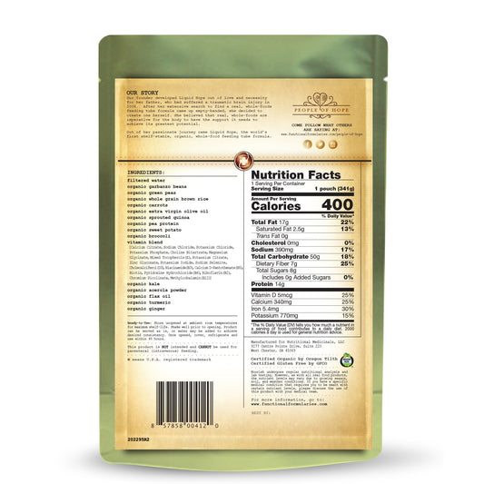 Nutrition facts panel on pouch: 1 serving per container, 400 calories, 17 g total fat