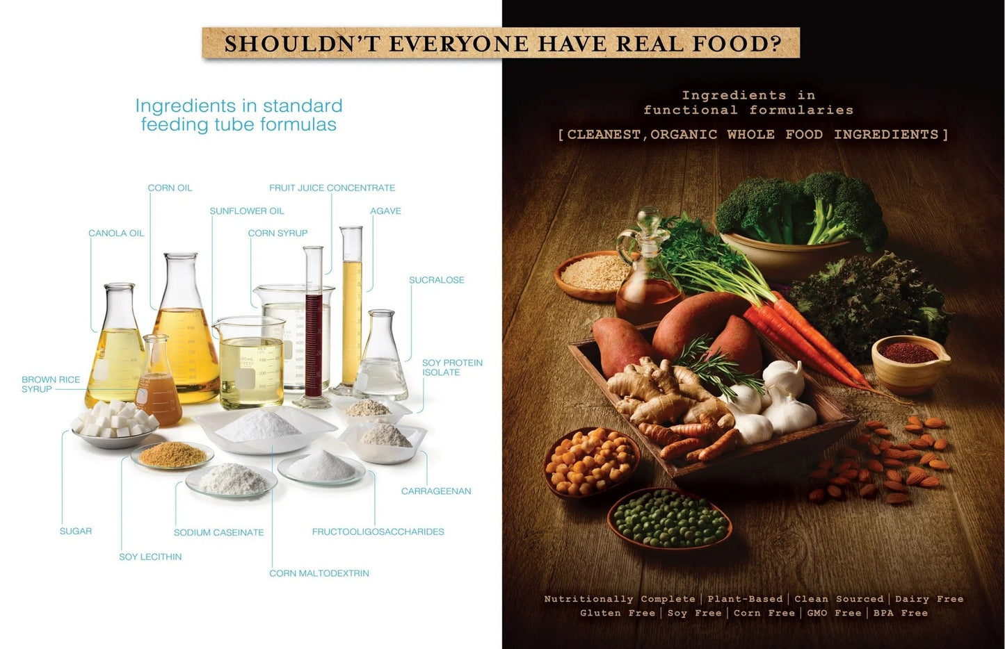 Ingredients comparison infographic: organic whole-food formula vs standard feeding tube ingredients