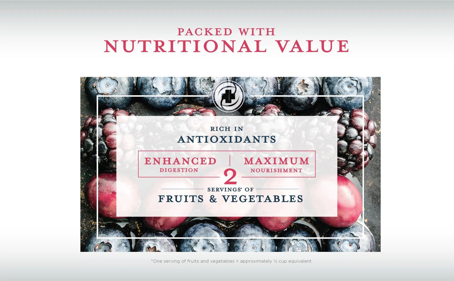 Nutritional value graphic for Berry Medley: antioxidants, enhanced digestion, fruit & veg