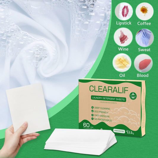 Laundry detergent sheets, unscented white sheets with detergent box on table