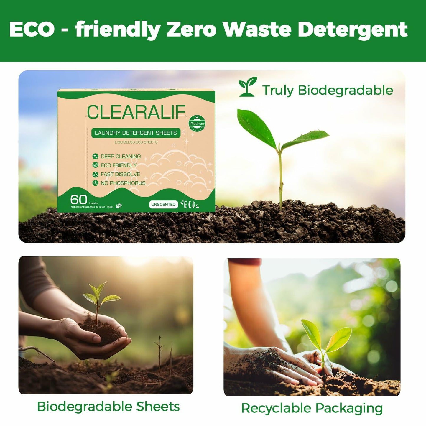 Laundry detergent sheets eco-friendly packaging in soil with sprout, hands, and recyclable notes