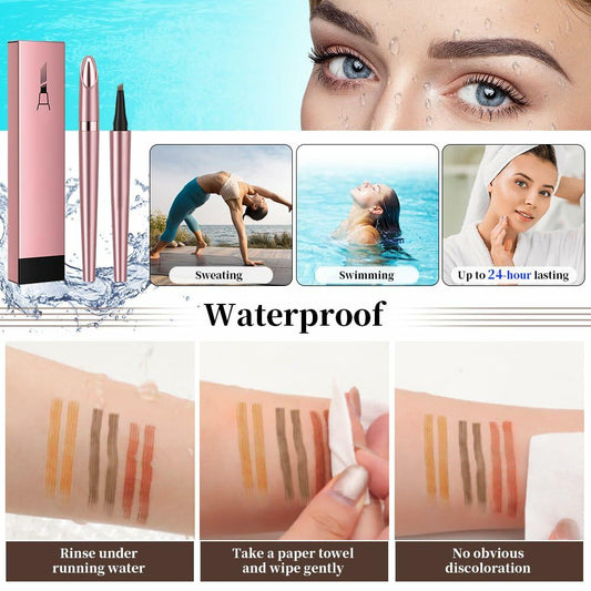 Waterproof eyebrow pencil with dark brown swatches on skin and applicators