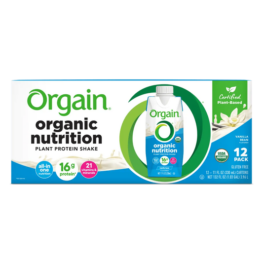 Orgain organic plant nutrition vanilla bean 12-pack carton, front panel view