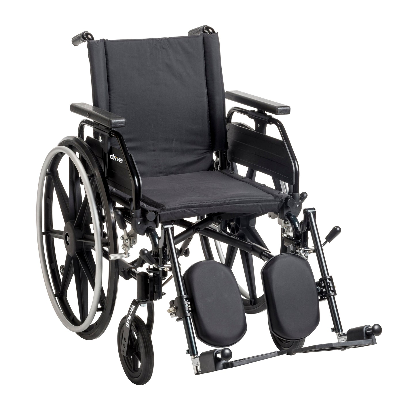 Black wheelchair with universal armrests and elevating legrests, 22-inch seat