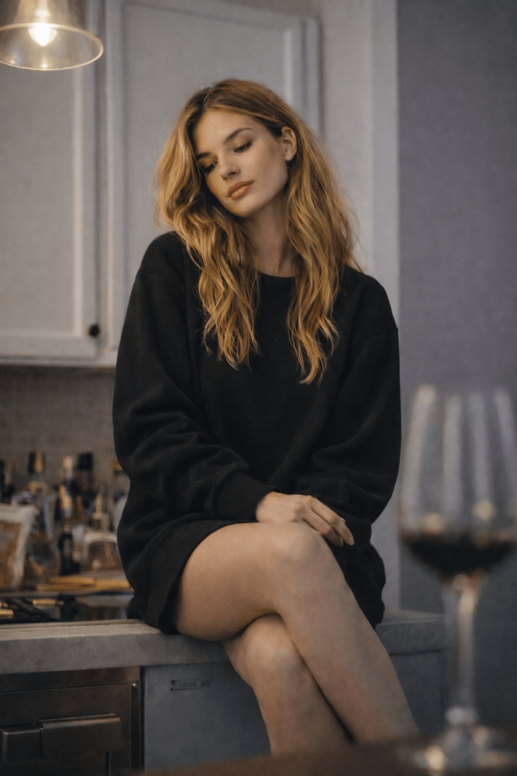Black crewneck sweatshirt with relaxed fit and ribbed collar cuffs hem