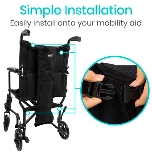 Oxygen tank holder bag with adjustable straps for wheelchair mounting