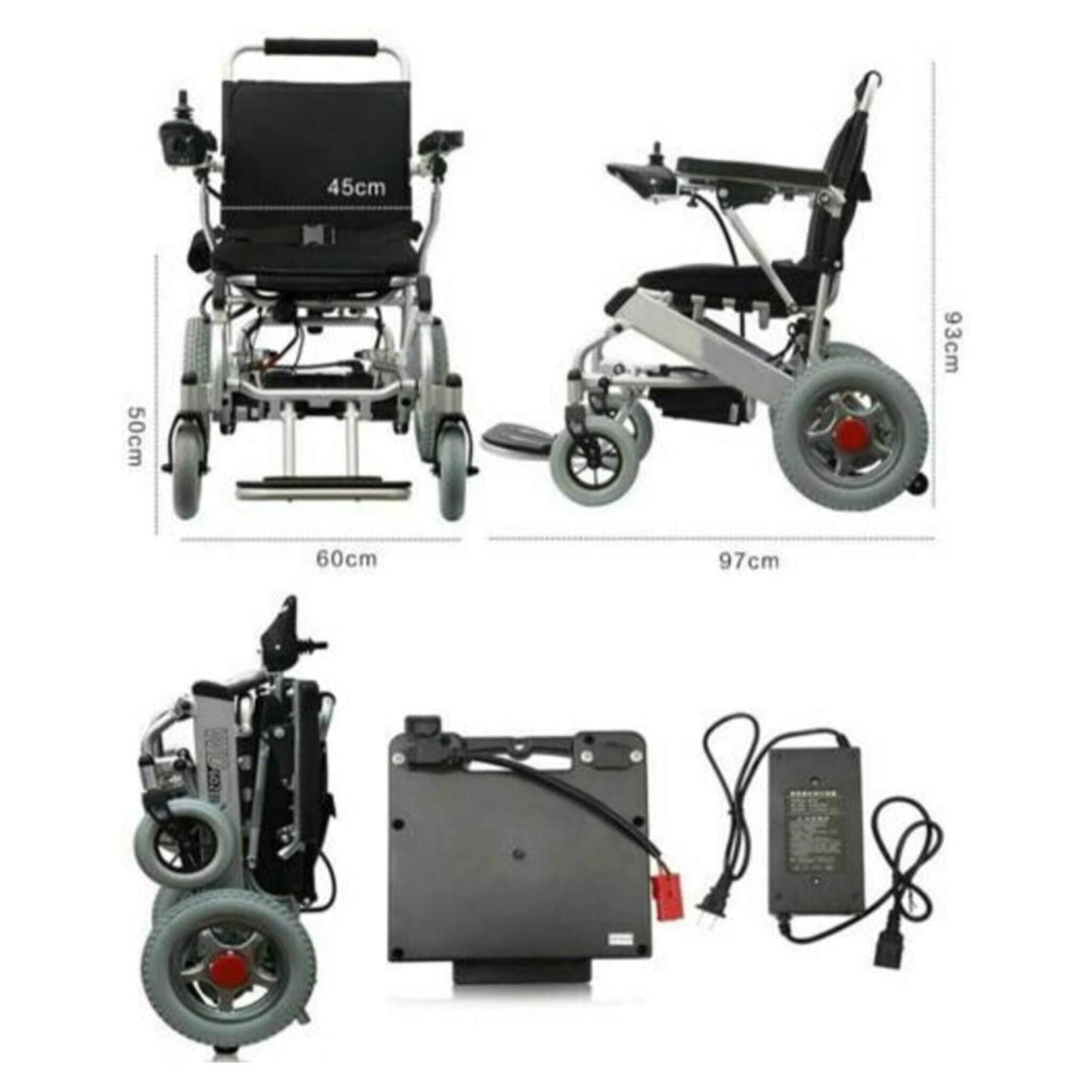 Motorized wheelchair with power adapter/charger; front, side, and rear views