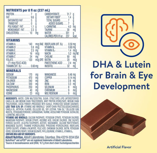 PediaSure Peptide 1.0 chocolate supplement facts panel with DHA & Lutein graphic