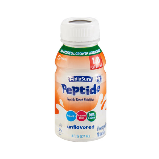 PediaSure Peptide 1.0 Cal unflavored bottle front label with orange and blue text