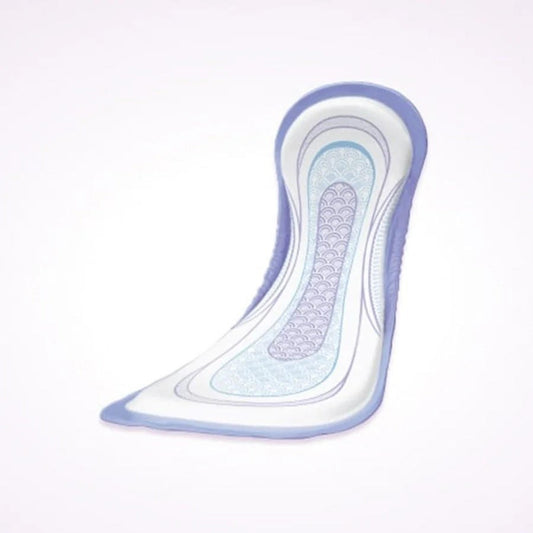 Overnight incontinence pad liner, contoured absorbent shape with blue border