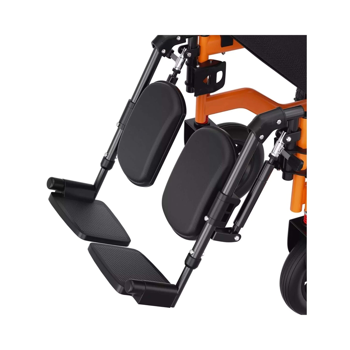 Reclining motorized wheelchair seat and footrests with black cushions and orange frame