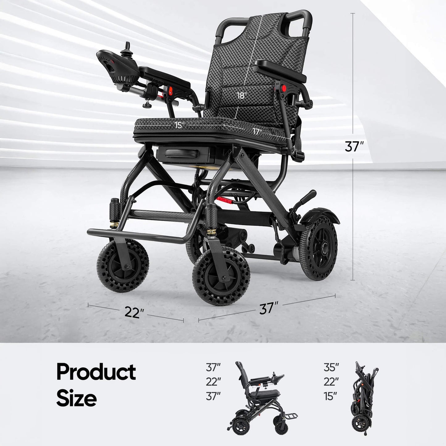 Folding electric wheelchair with dark fabric seat and armrests, side view on four caster wheels