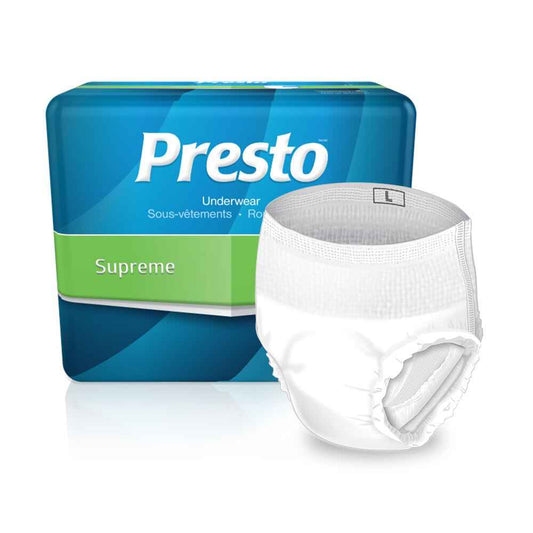 White disposable underwear briefs with size L tab, Presto Supreme packaging
