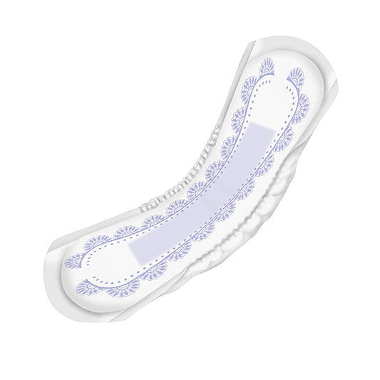 Long bladder control pad, white with blue decorative trim