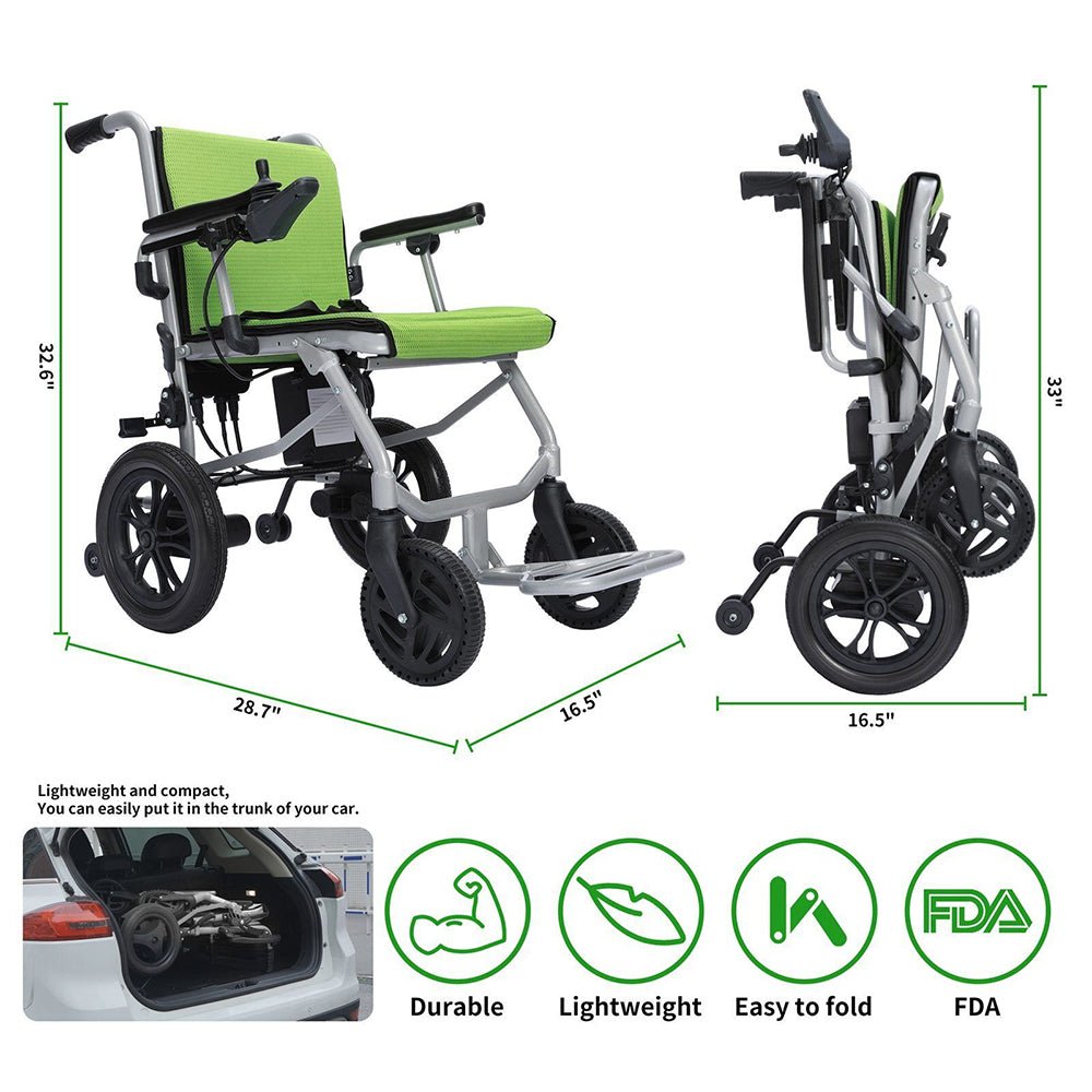 Green electric motorized folding wheelchair with armrests and large rear wheels