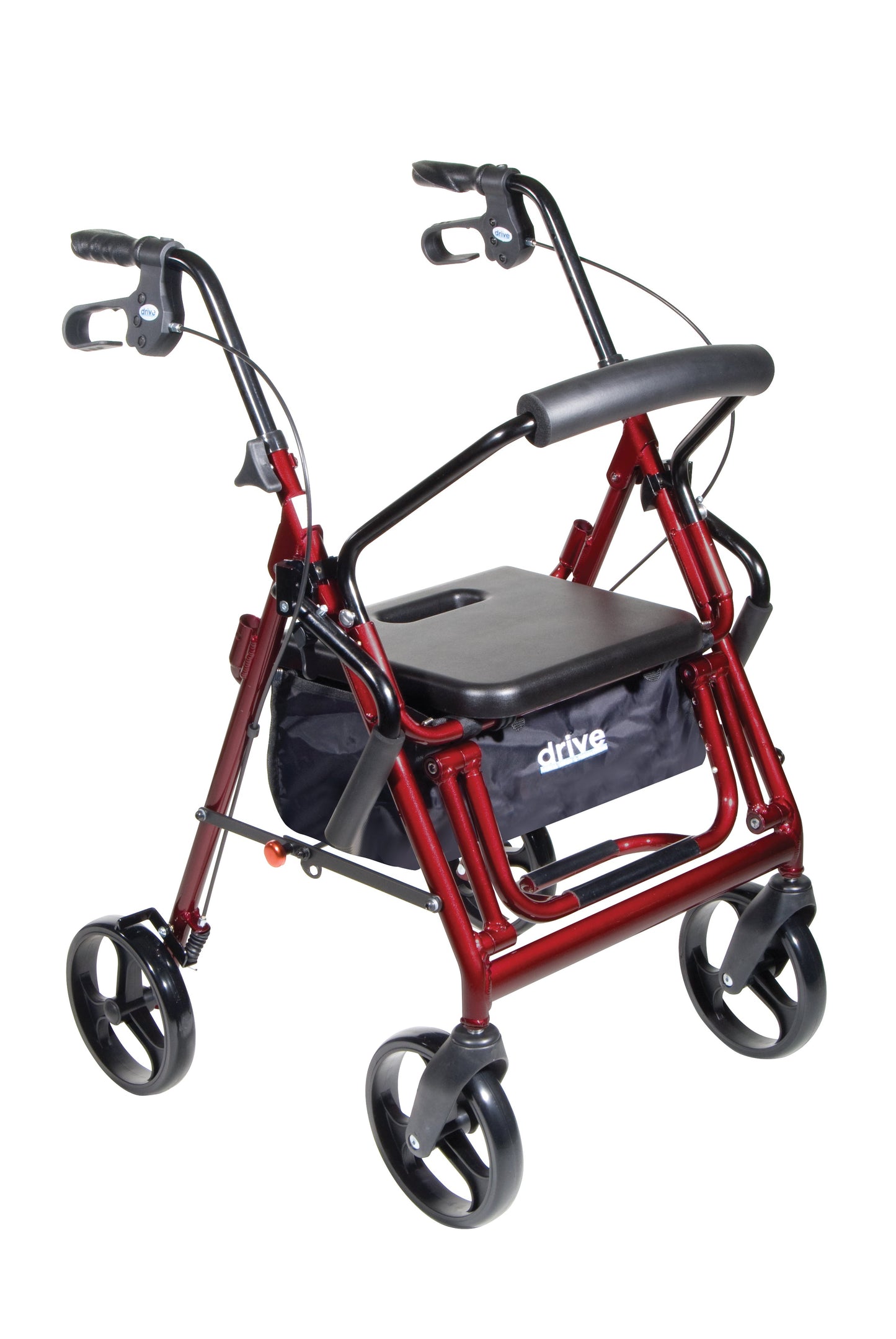 Burgundy dual-function transport wheelchair rollator with padded seat and four wheels