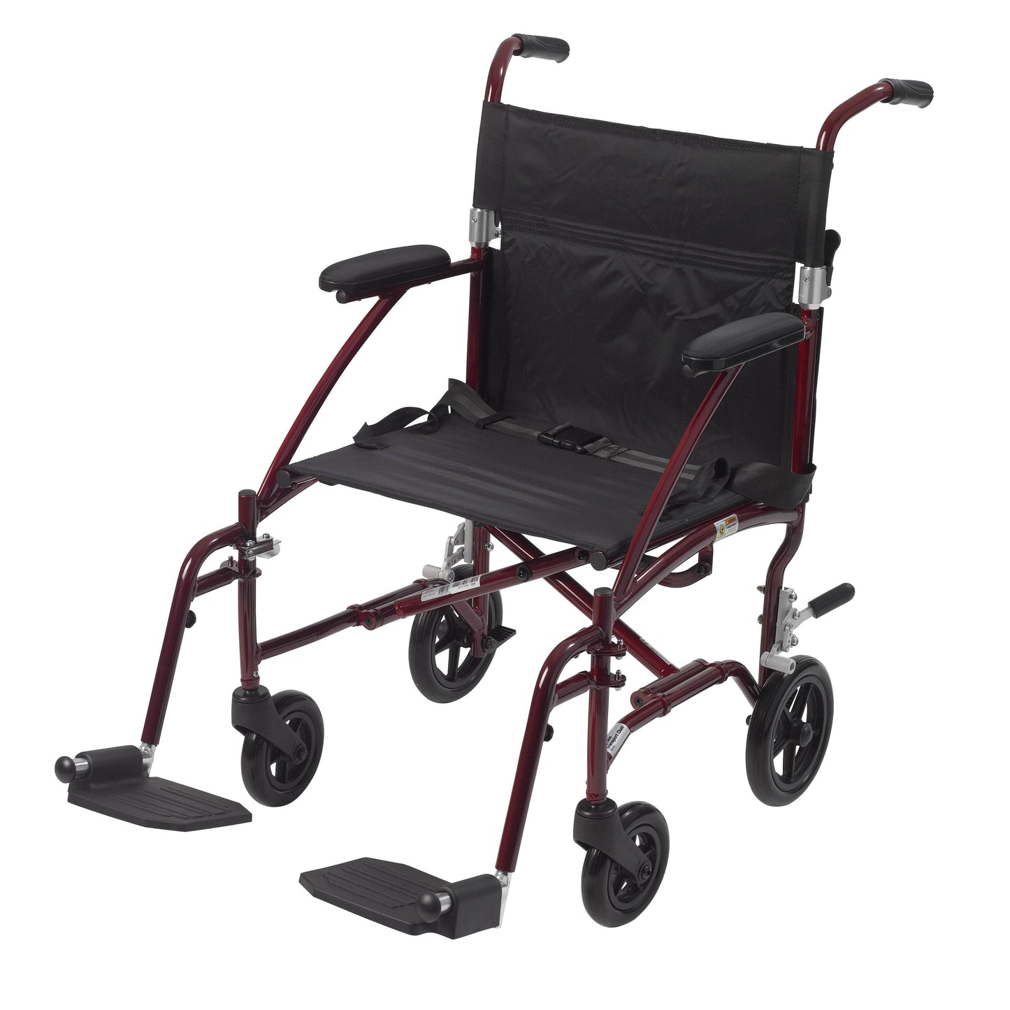 Burgundy transport wheelchair with black seat, armrests, and swing-away footrests