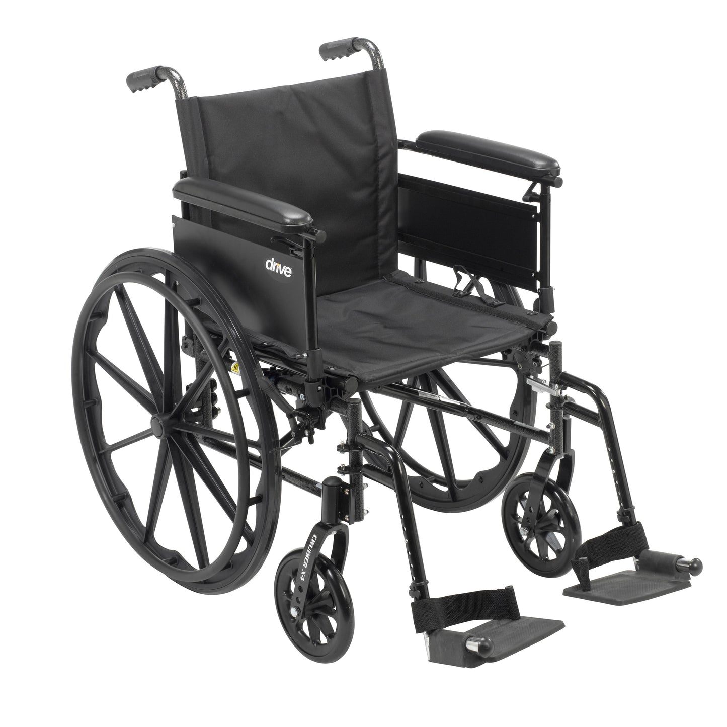 Black wheelchair with padded back, full armrests, swing-away footrests, 18" seat