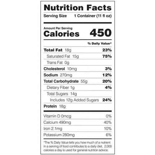 Nutrition Facts close-up: 450 calories, serving size 1 container, total sugars and protein