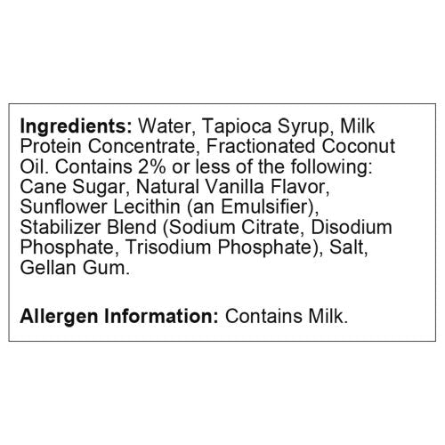 Ingredients list for vanilla nutrition beverage; contains milk.