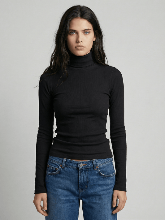 Black ribbed turtleneck sweater, long sleeves, high neck, fitted knit